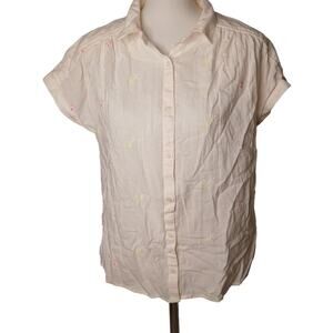 Lucky Brand Neon Splatter Floral Embroidered Button Up Top Shirt White Medium